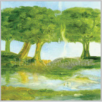 Wasserreise-Vision, träumende Wasserfee mit geschlossenden Augen treibt sanft im Wasser, am Ufer stehen begleitend Bäume